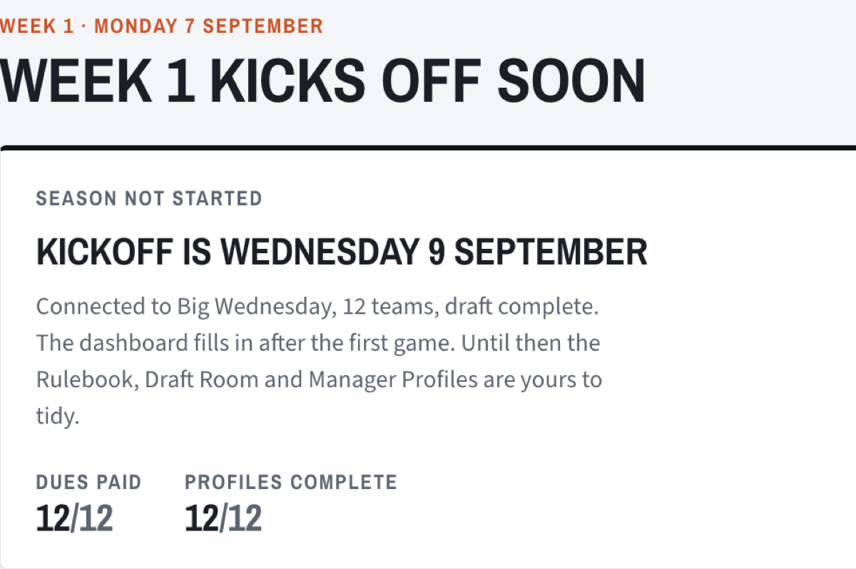 The Dr. Commish dashboard on the Monday before week one: the headline reads Week 1 kicks off soon, with a kickoff card showing twelve teams connected and dues paid.